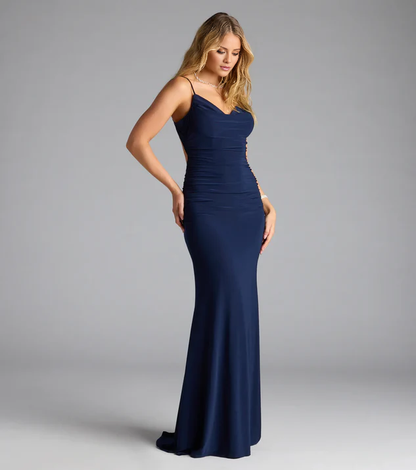 mermaid scarf collar with thin shoulder straps, satin backless and floor length Prom dress