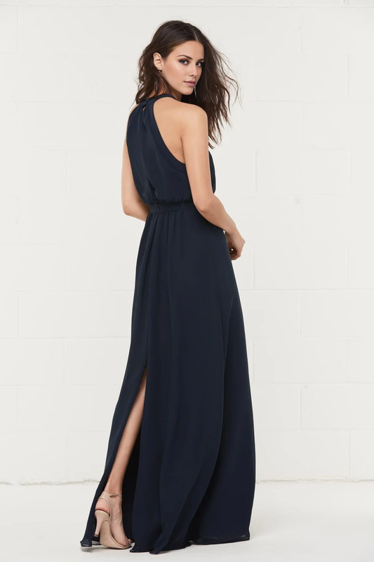 halter neckline off shoulder sleeveless slit and floor length Prom dress