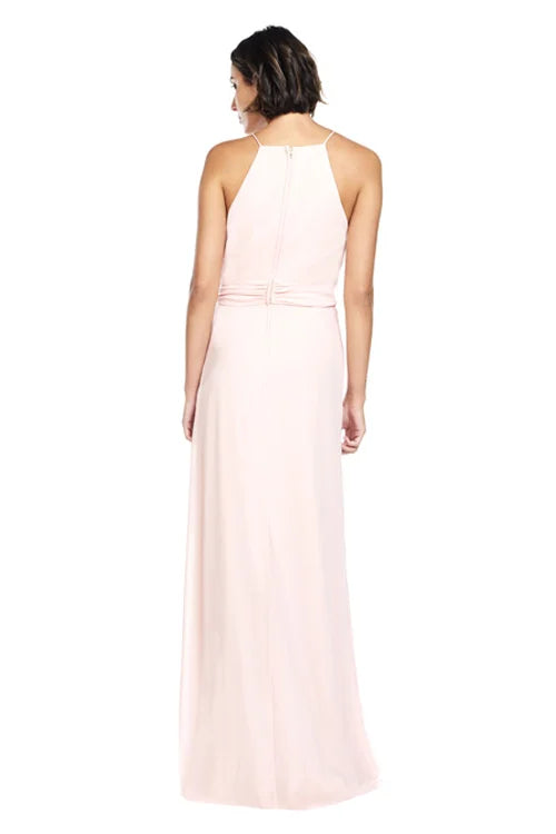 halter neckline off shoulder sleeveless thin shoulder strap off back and floor length Prom dress