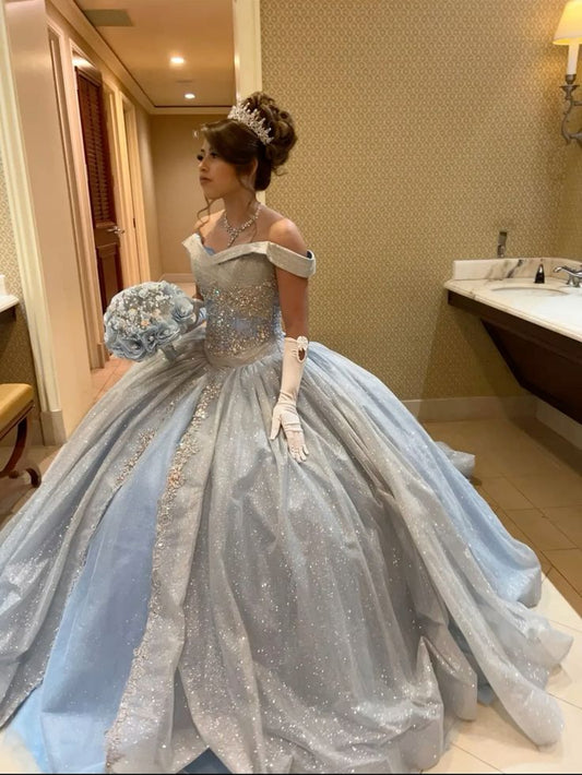 A Line Light Blue Off The Shoulder Quinceanera Dress Ball Gown