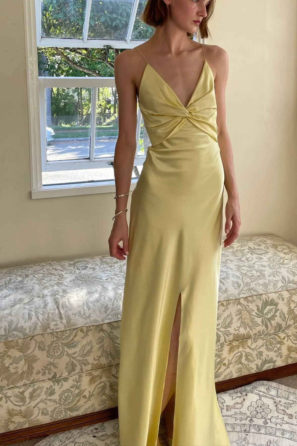 chic yellow thin shoulder strap long Prom dress