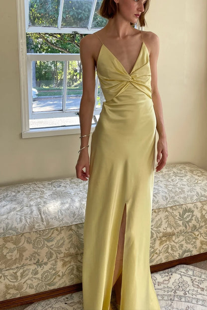 chic yellow thin shoulder strap long Prom dress