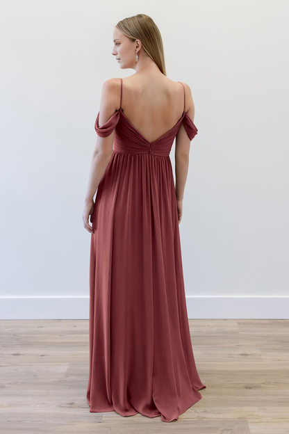 boat neck sleeveless thin shoulder strap pleated backless and floor length evening dress