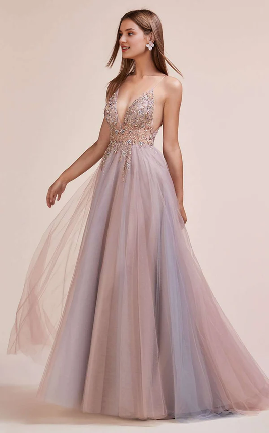 A-line deep V-neck embroidered chiffon thin shoulder strap chiffon prom dress