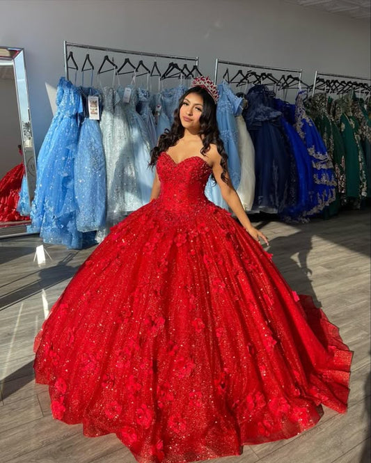 3D Flowers Red Quinceanera Dresses Glitter Sequins Sweet 15 Prom Party Ball Gown