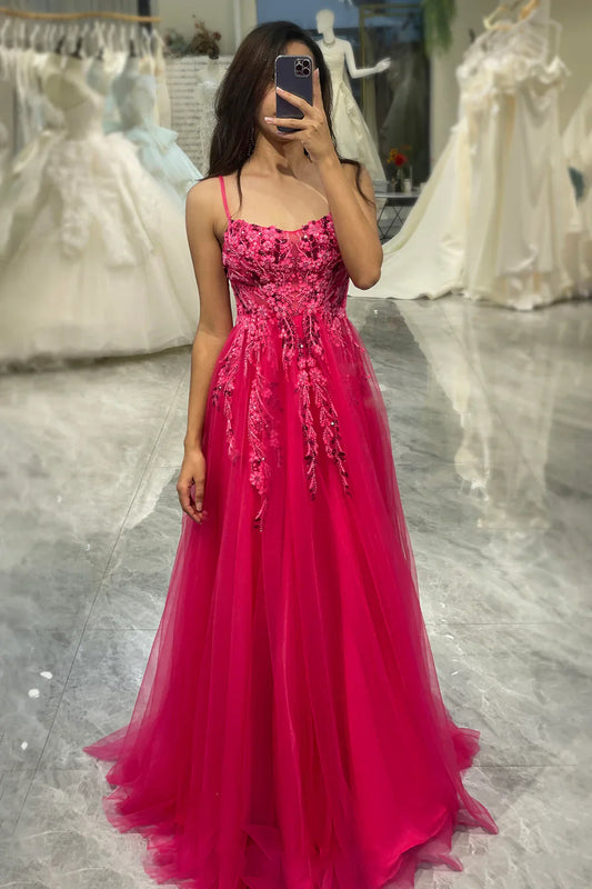 A Line Fuchsia spaghetti strap sheer long applique Prom dress