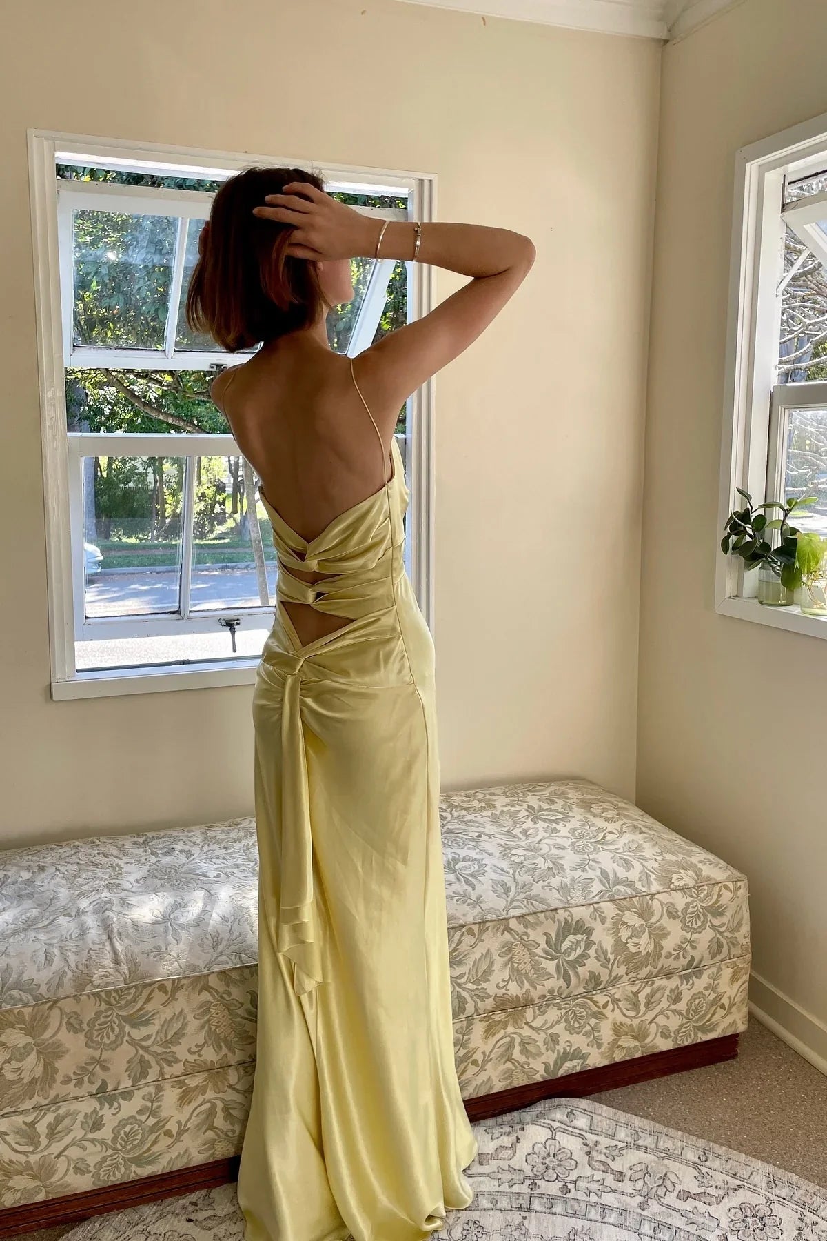 chic yellow thin shoulder strap long Prom dress