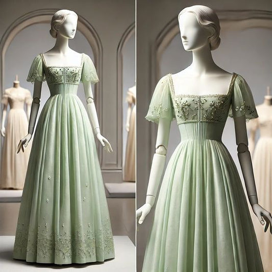 Green Tulle with Short Sleeves Formal Dress Green Sweet Gown
