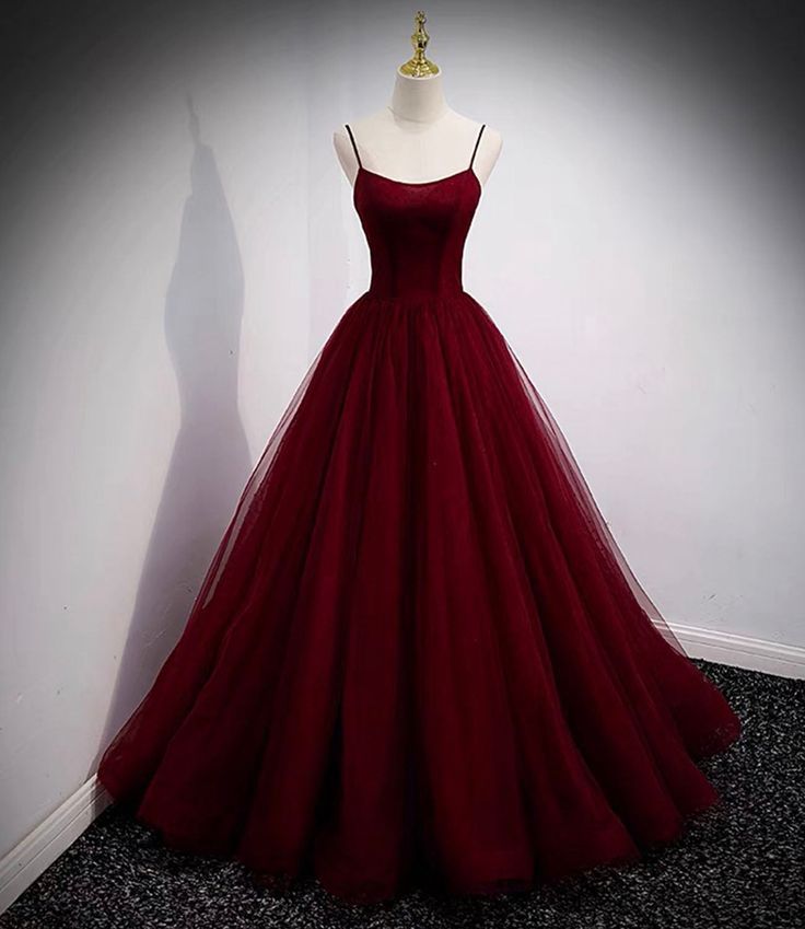 Burgundy tulle long prom dress A line evening gown
