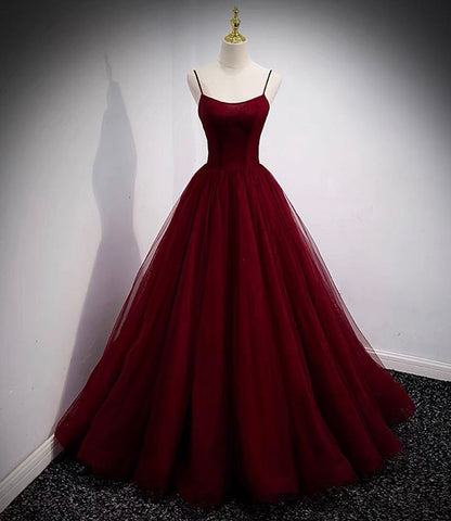 Burgundy tulle long prom dress A line evening gown