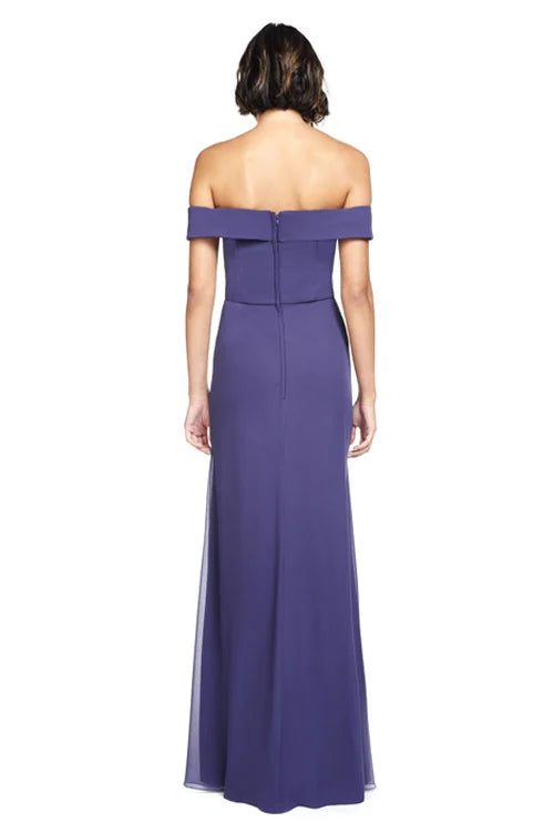 off shoulder collar sleeveless strapless backless side slit and floor length Prom dress