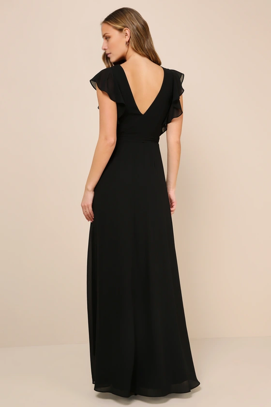 V-neck short sleeved backless side slit and floor length evening dress