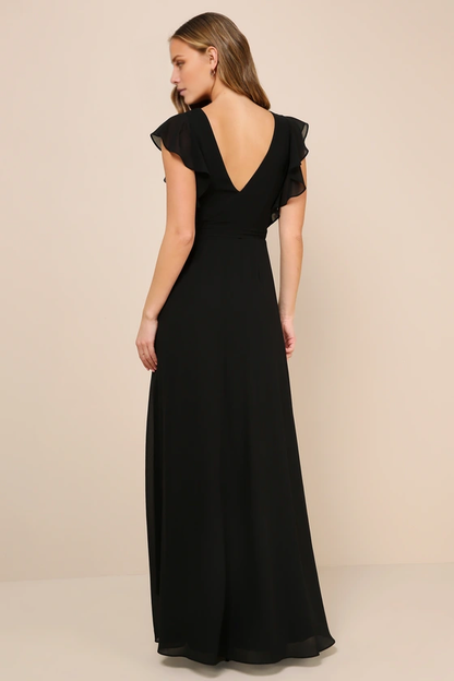V-neck short sleeved backless side slit and floor length evening dress