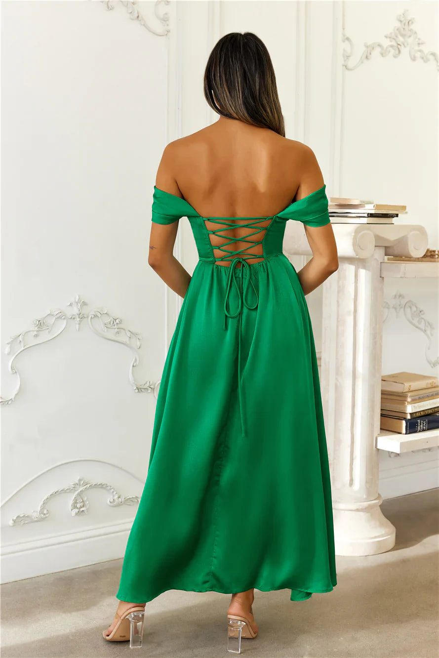 Off Shoulder Satin Back Strap Long Prom Dress
