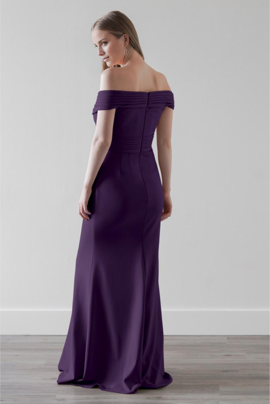 off shoulder collar pleated backless and floor length evening dress