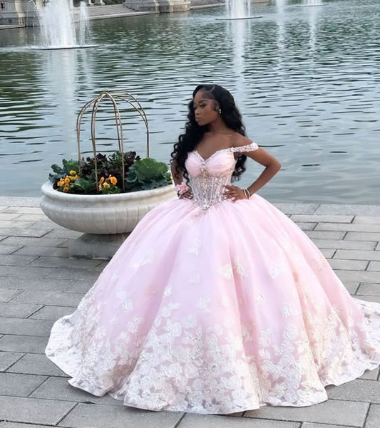 A Line Pink Off The Shoulder Quinceanera Dress Ball Gown