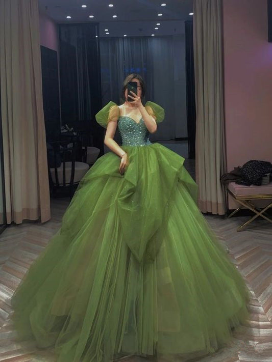 A line Green Dress Tulle Long Prom Dresses Short Sleeves Evening Gowns
