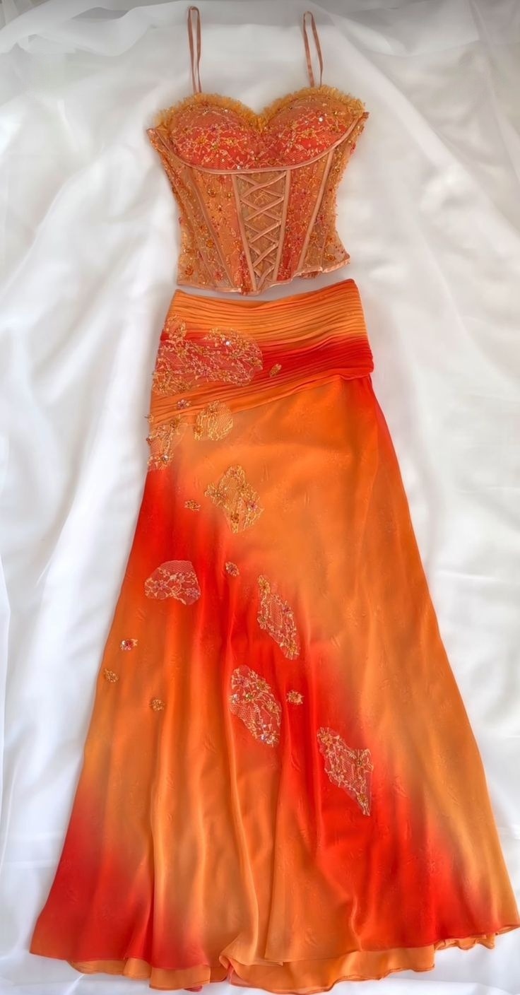Two Piece Orange Ombre Prom Dress Evening Party Gowns
