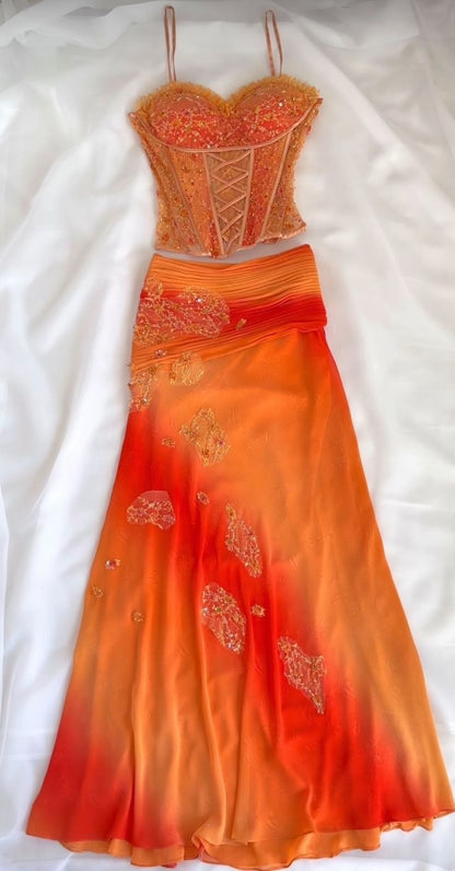 Two Piece Orange Ombre Prom Dress Evening Party Gowns