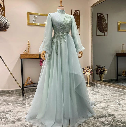 A line Evening Gowns For Women Formal Elegant Beading Flowers Tulle Muslim Prom Dresses