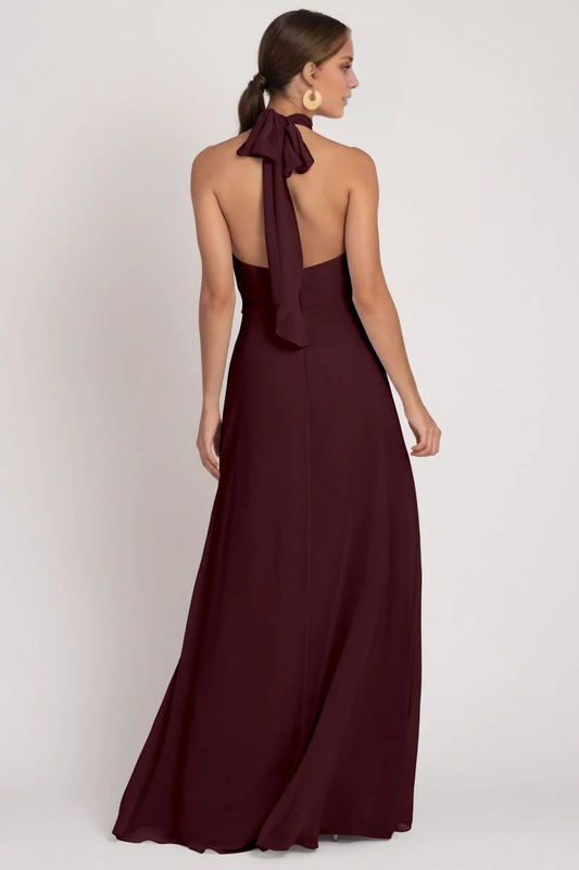 halter neckline off shoulder sleeveless backless and floor length evening dress