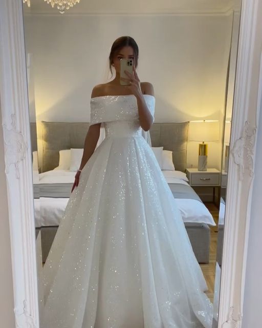 A Line Sparkly Sequined Bride Dress For Women Off Shoulder Draped Tulle Formal Wedding Gown