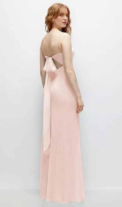Front slit back strap hollow horn and floor length Prom dress
