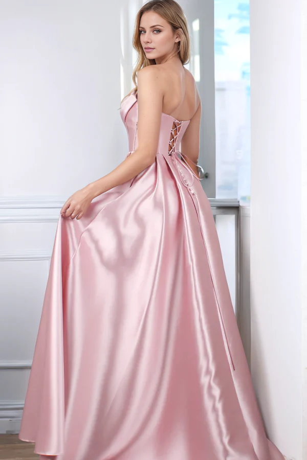 Sweet A-line boat neck sleeveless sequin pleated high side slit with trailing tie formal evening gown