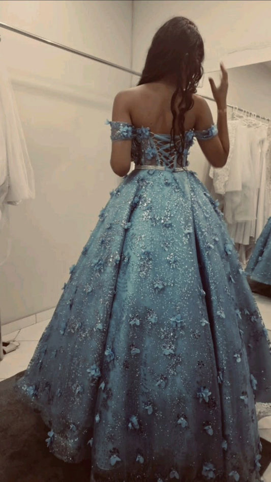 A Line Off Shoulder Evening Dresses 3D Flowers Sweet Prom Ball Gowns