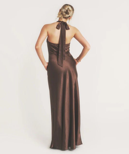 halter neckline off shoulder sleeveless backless and floor length Prom dress