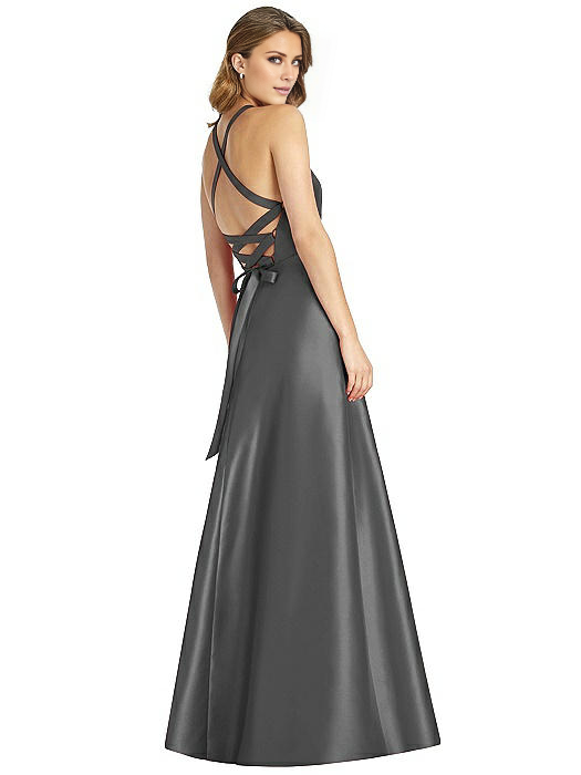 halter neckline off shoulder sleeveless backless and floor length evening dress