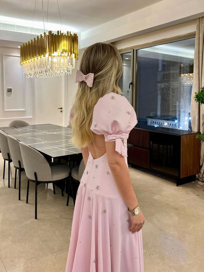 Pink Elegant Short Sleeves Prom Dress Evening Gown