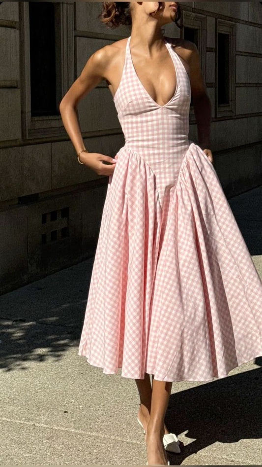 A Line Halter Sleeveless Plaid dress Evening Party Gowns