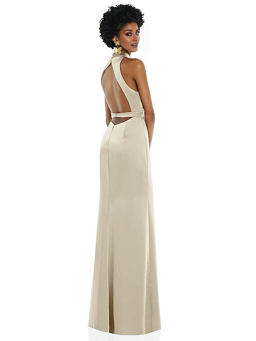 halter neck off shoulder sleeveless backless side slit and floor length Prom dress
