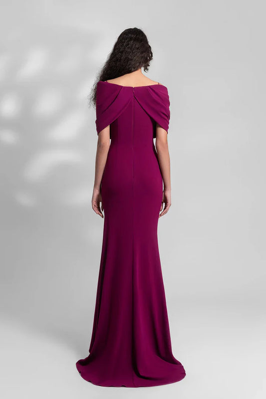 Hanging off shoulder crepe side slits and floor length gowns evening dresses