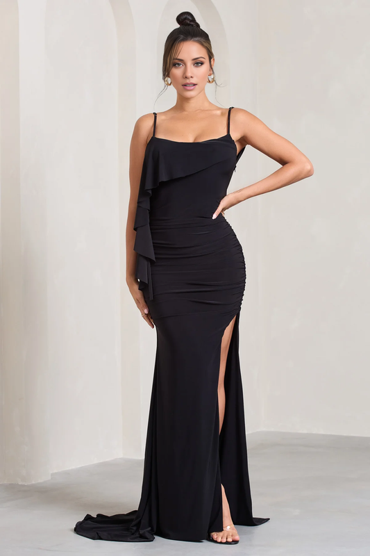Hanging sleeveless high leg slit and floor length evening dress - dress