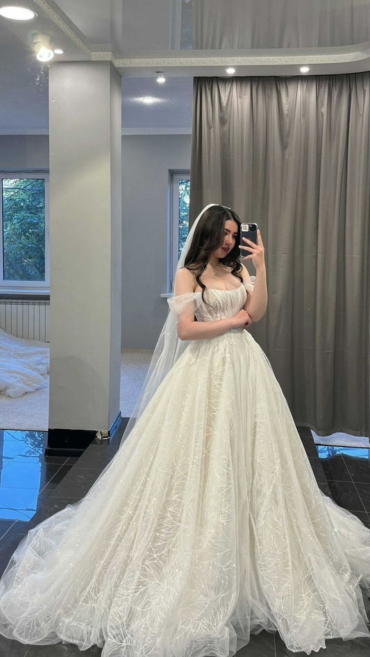 A Line Off Shoulder Tulle Wedding Dress Modest Princess Bridal Gown      S7097