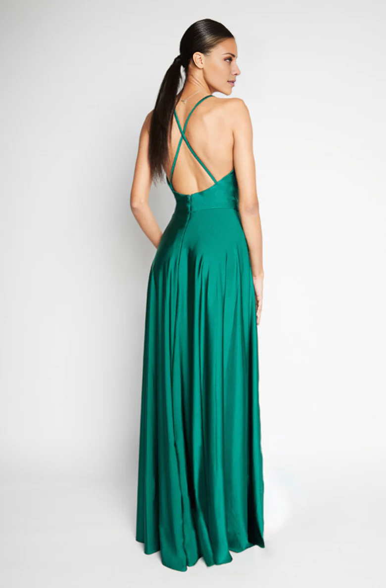 V-neck sleeveless thin shoulder strap backless side slit and floor length evening dress
