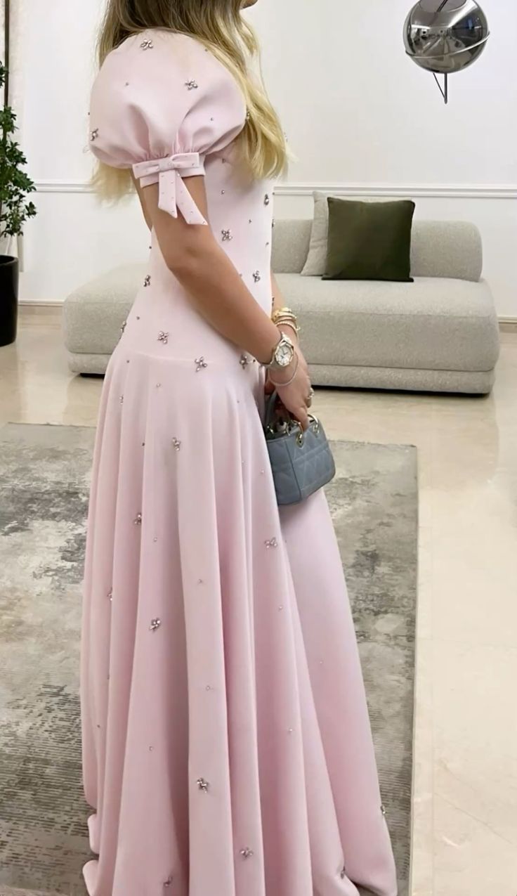 Pink Elegant Short Sleeves Prom Dress Evening Gown