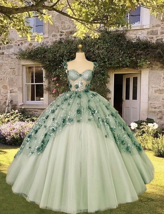 A Line Green Tulle Quinceanera Dress Lace Appliques Ball Gown