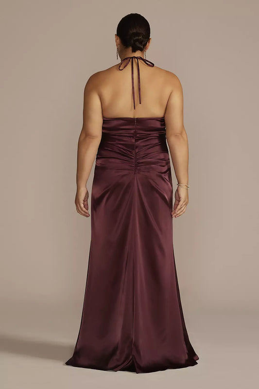 halter neckline sleeveless thin shoulder straps with side slits and floor length Prom dress