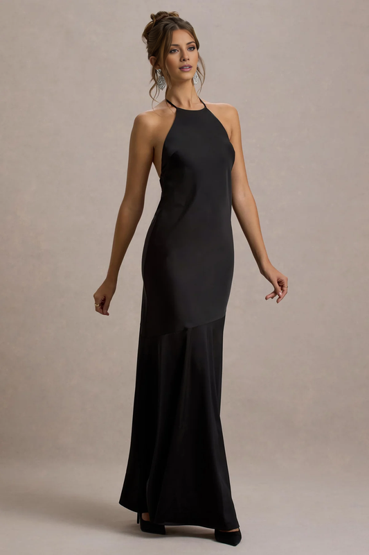 Hanging neck collar satin backless mid length evening dress - dress