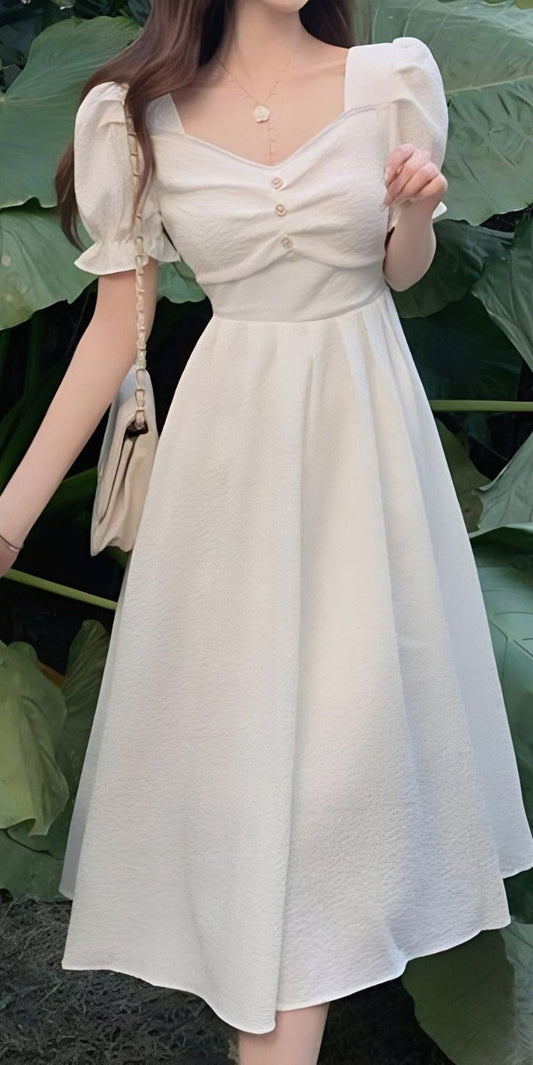 A Line White Short Sleeves Evening Gowns Party Prom Dress