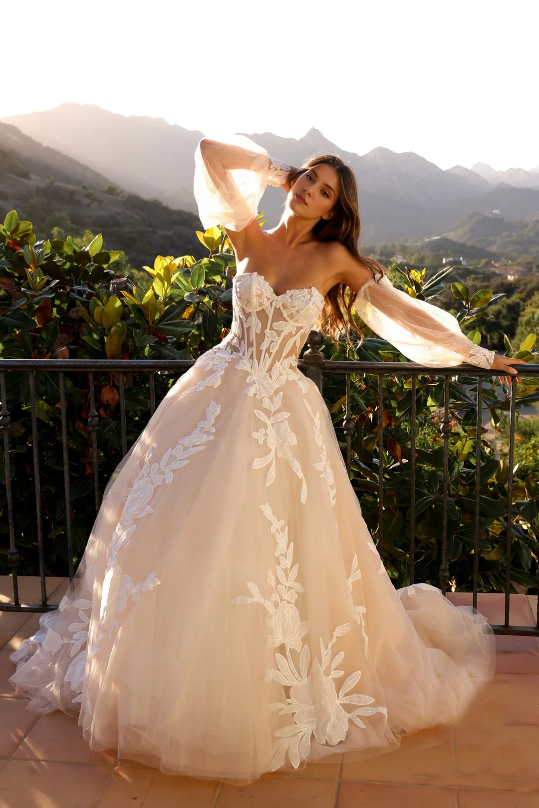 Elegant Floral Embroidered Strapless Corset Backless Long Wedding Gown