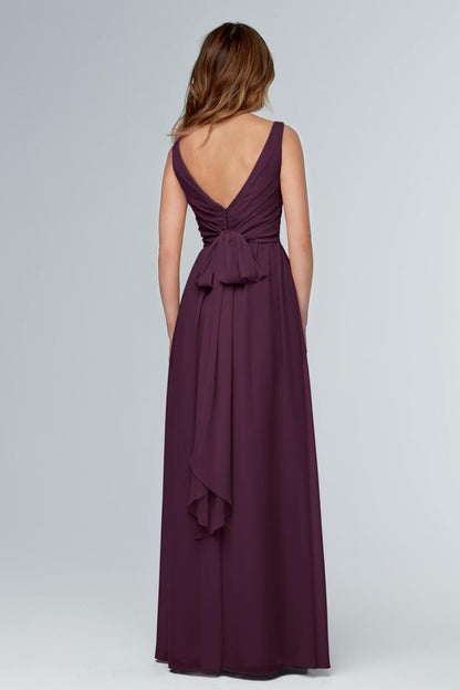 V-neck off shoulder sleeveless backless and floor length evening dress