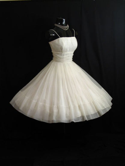 Vintage 1950 s 50s White Ruched Chiffon Organza Party Prom Wedding Bridal Dress Gown