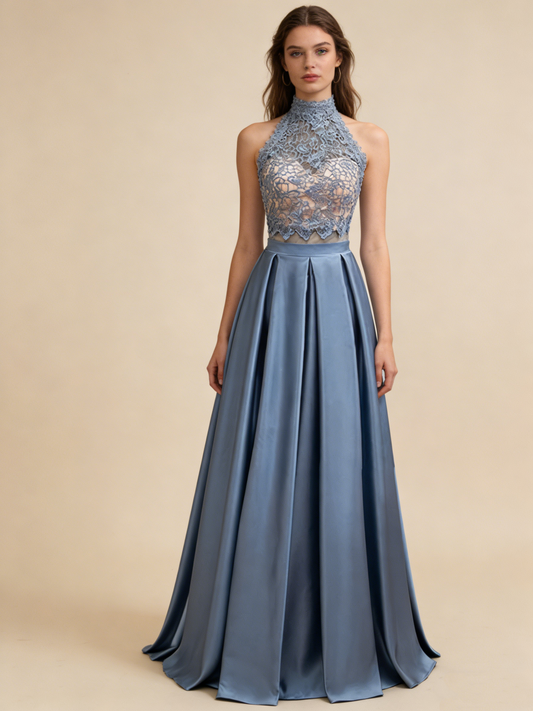 A Line High Neck Prom Dress Backless Two Pieces Formal Evening Dresses Gala Gown M2571