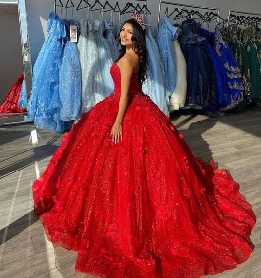 3D Flowers Red Quinceanera Dresses Glitter Sequins Sweet 15 Prom Party Ball Gown