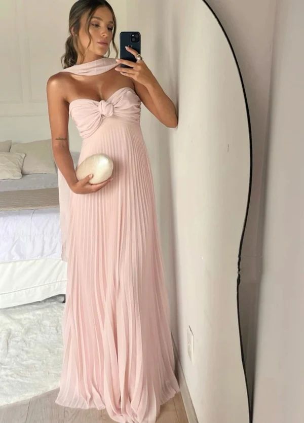 Strapless A Line Pink Long Prom Dress Pleated Formal Party Gown