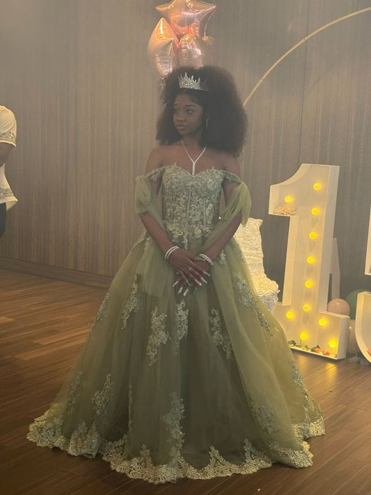 A Line Green Tulle Lace Princess Dresses Off the Shoulder Party Ball Gowns